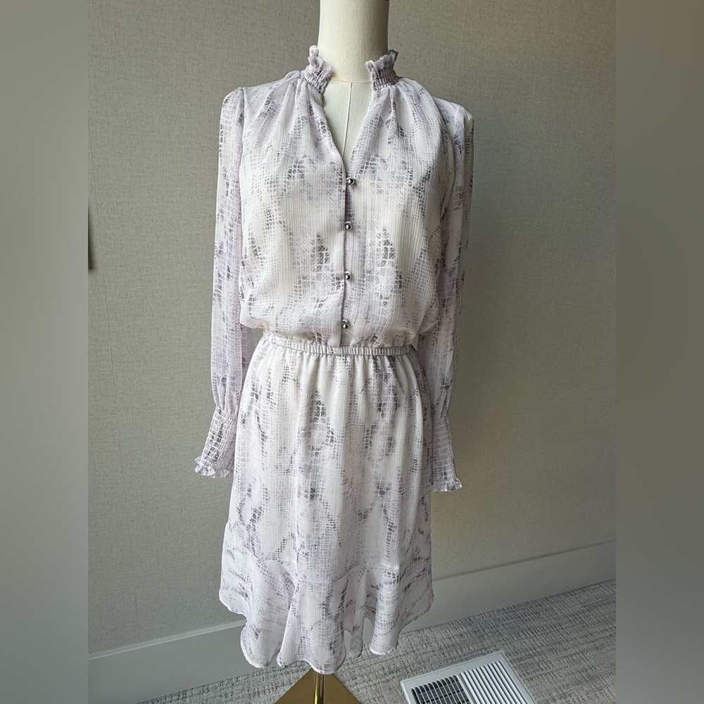 White House Black Market White, Purple, & Soft Gray Printed Long-Sleeve Dress